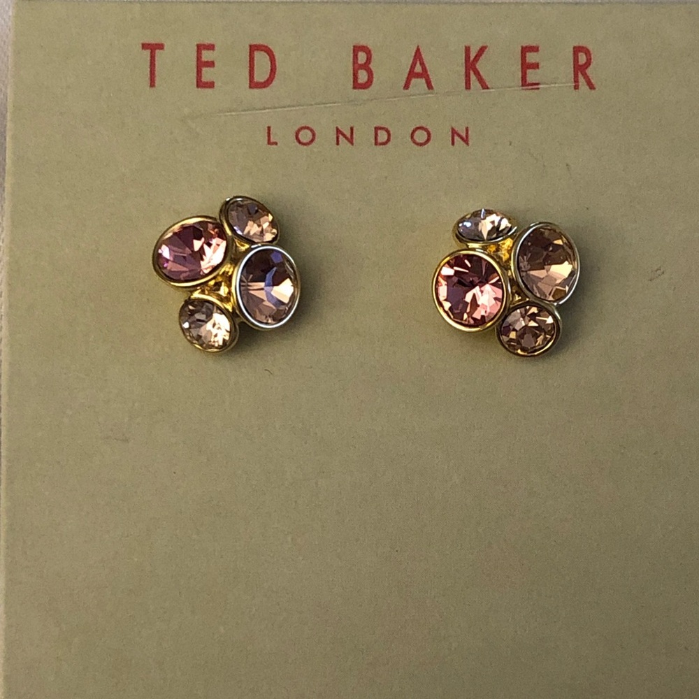 Ted Baker London Gold Tone Pink & Champagne Crystal Cluster Stud Earrings NWT